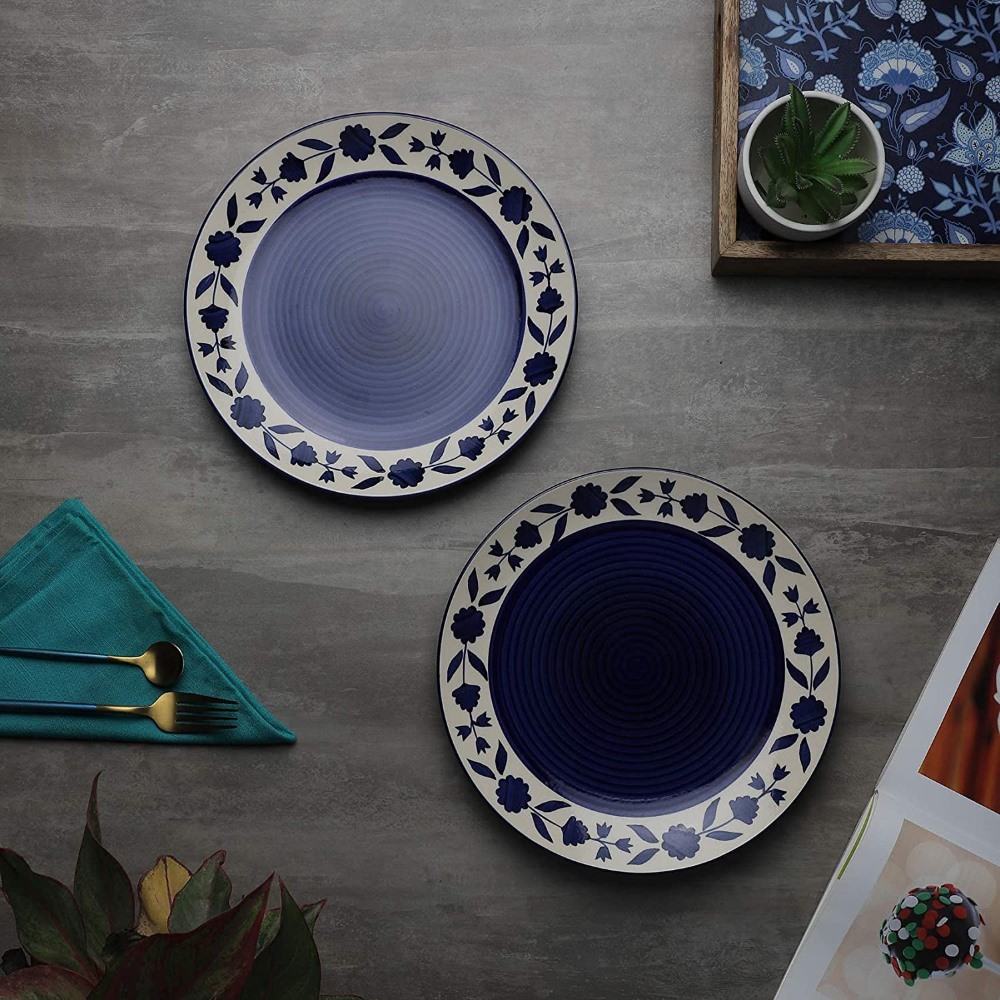 Floral Blue And White Plates Pair Handpainted Ceramic Dinner Plates (10 Inch, 2 Pieces, Microwave & 