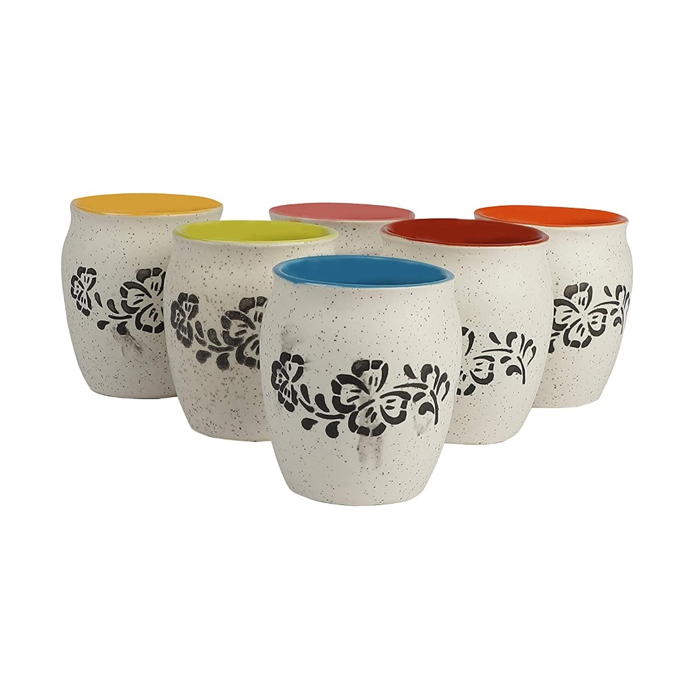 Handmade & Handcrafted Ceramic White Matte Finish Printed Chai Kullar/Kullad/Cups/Mugs/Kulladh - Set