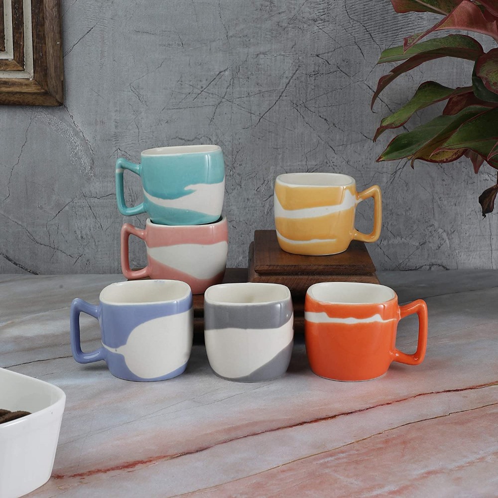 Multi Color Ceramic Cups Set For Tea Of 6 (Set Of 6, 150 Ml, Dishwasher & Microwave Safe)