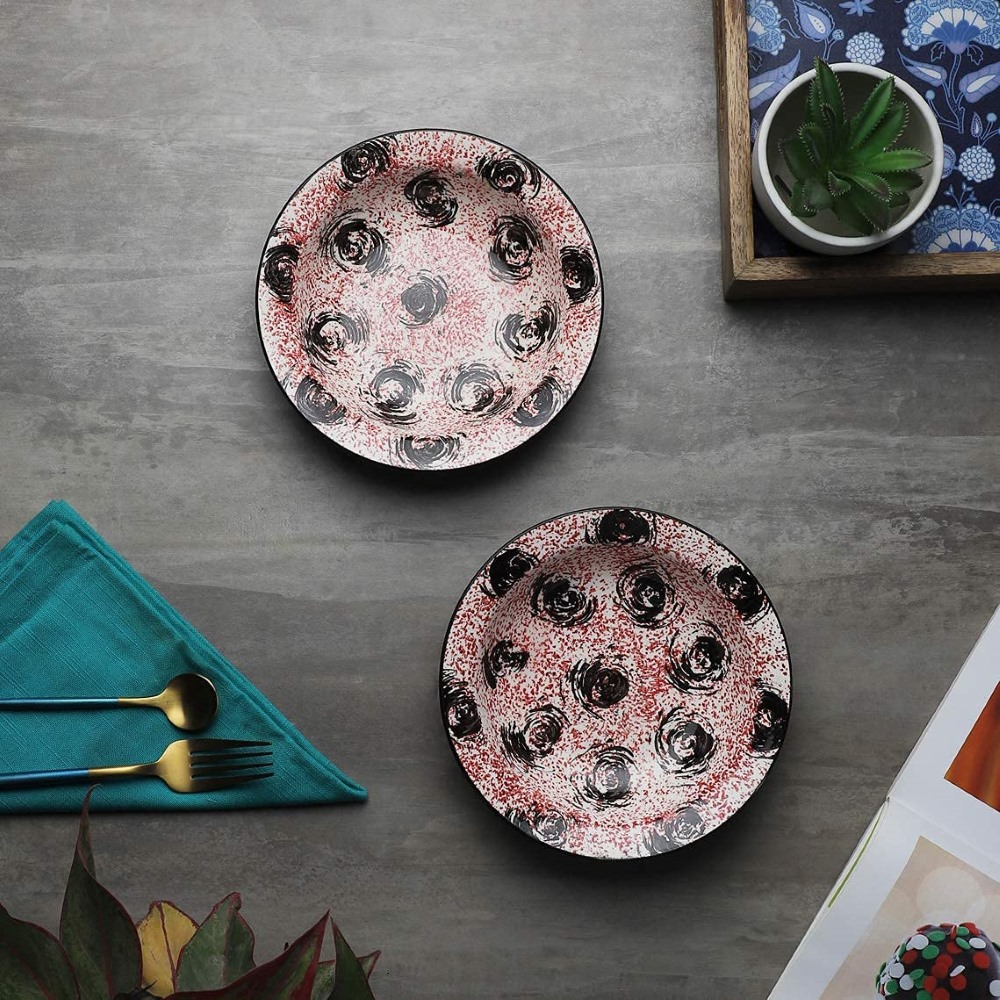  Black & Pink Color Ceramic Hand-Painted Pasta Plate| Soup Plate | Snack Plate | Size 7 Inch |Microw